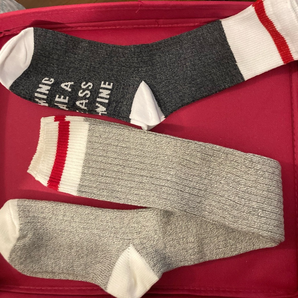 Gray and White Socks with Red Accents